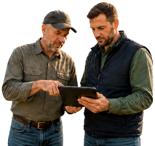 Two farmers reviewing FieldFusion results on a tablet