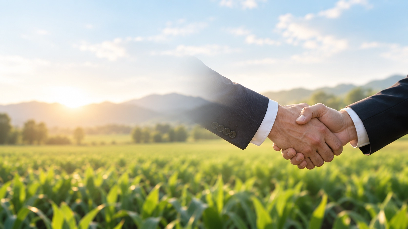 Two partners shaking hands in a field