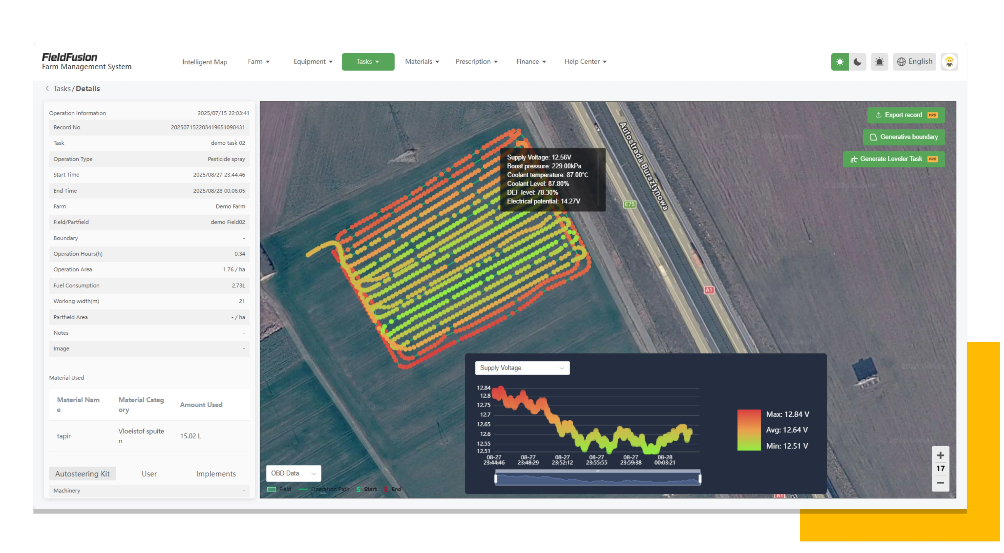 FieldFusion operation record with job data, operation trail and field telemetry
