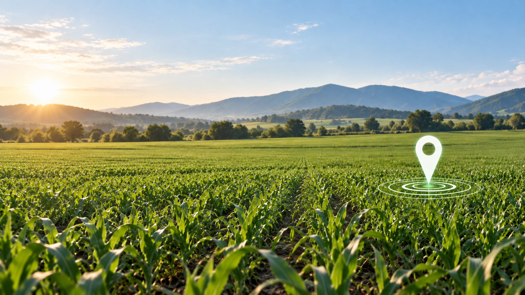 Green farmland with a location marker