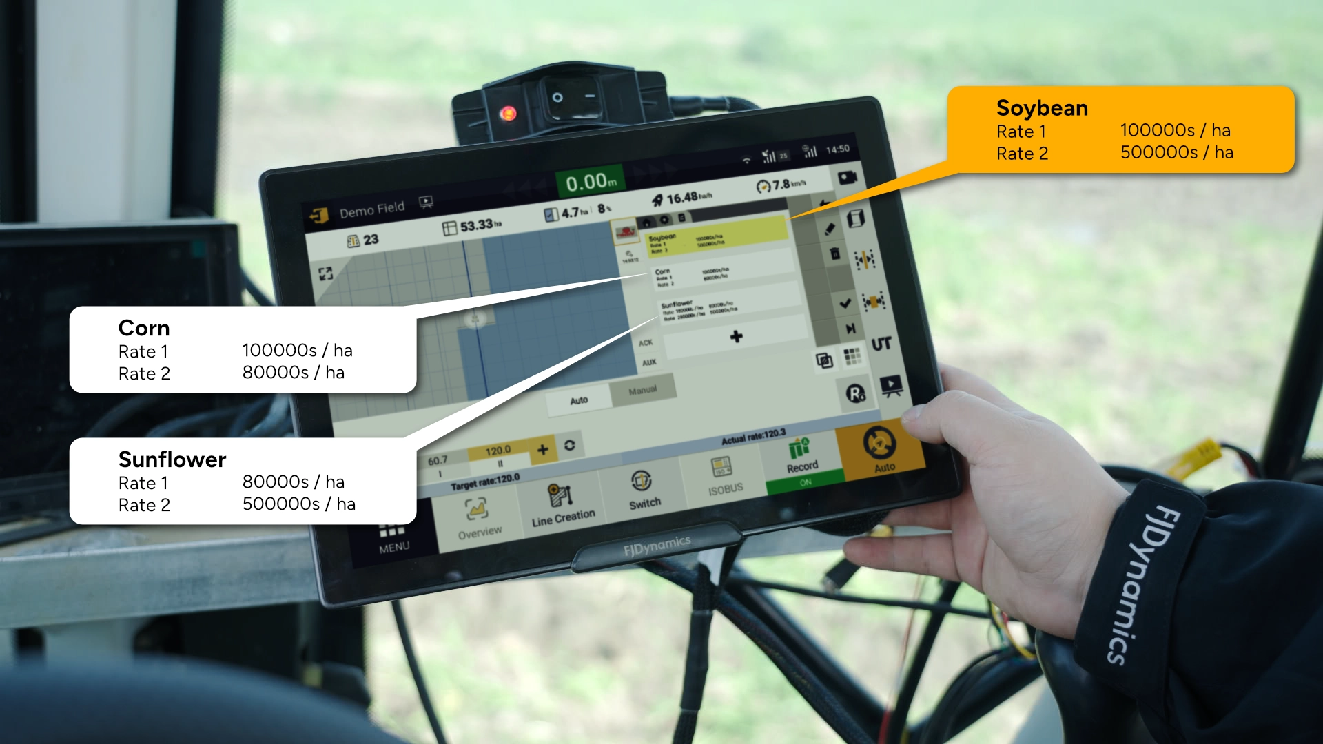 FJD terminal showing soybean, corn and sunflower seeding presets