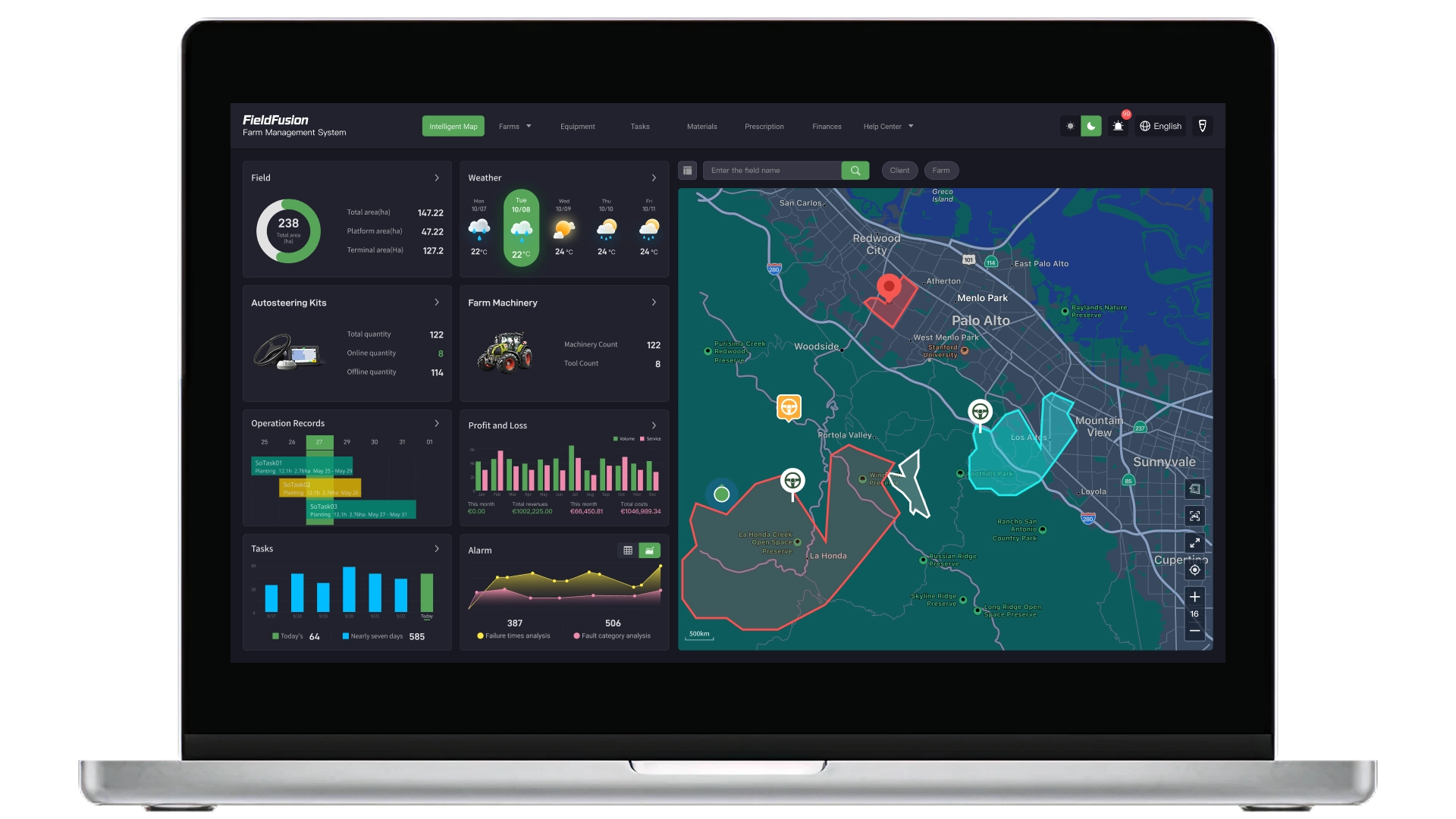 FieldFusion dashboard showing field maps, machinery and operation records