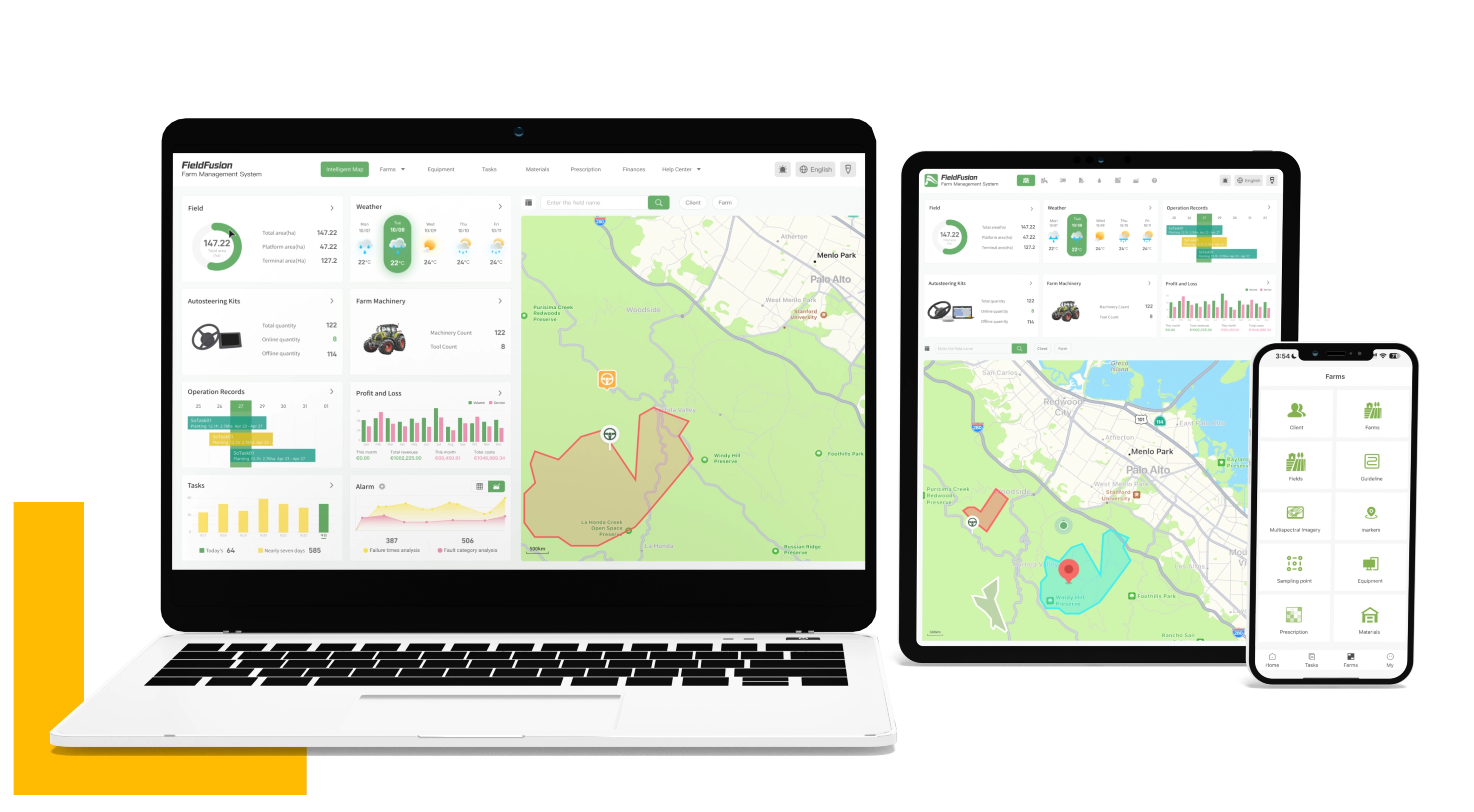 FieldFusion displayed on laptop, tablet and mobile devices with authentic product interfaces
