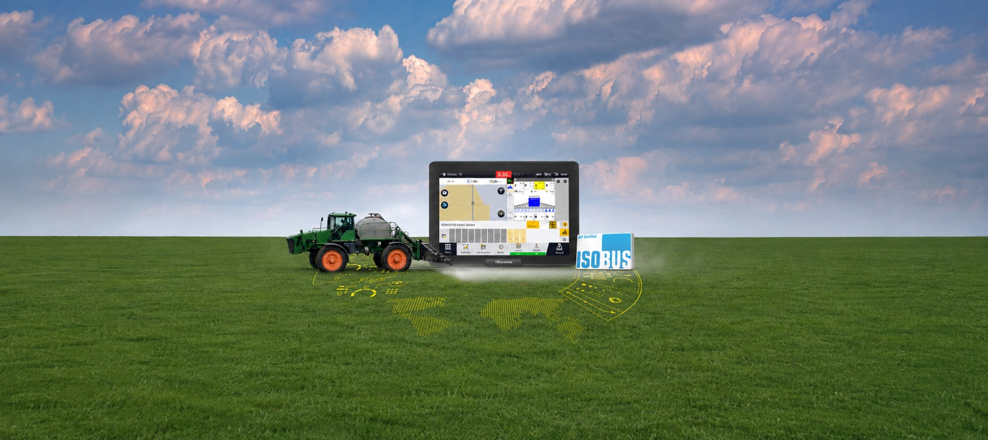 FJD ISOBUS display and tractor working together in the field.