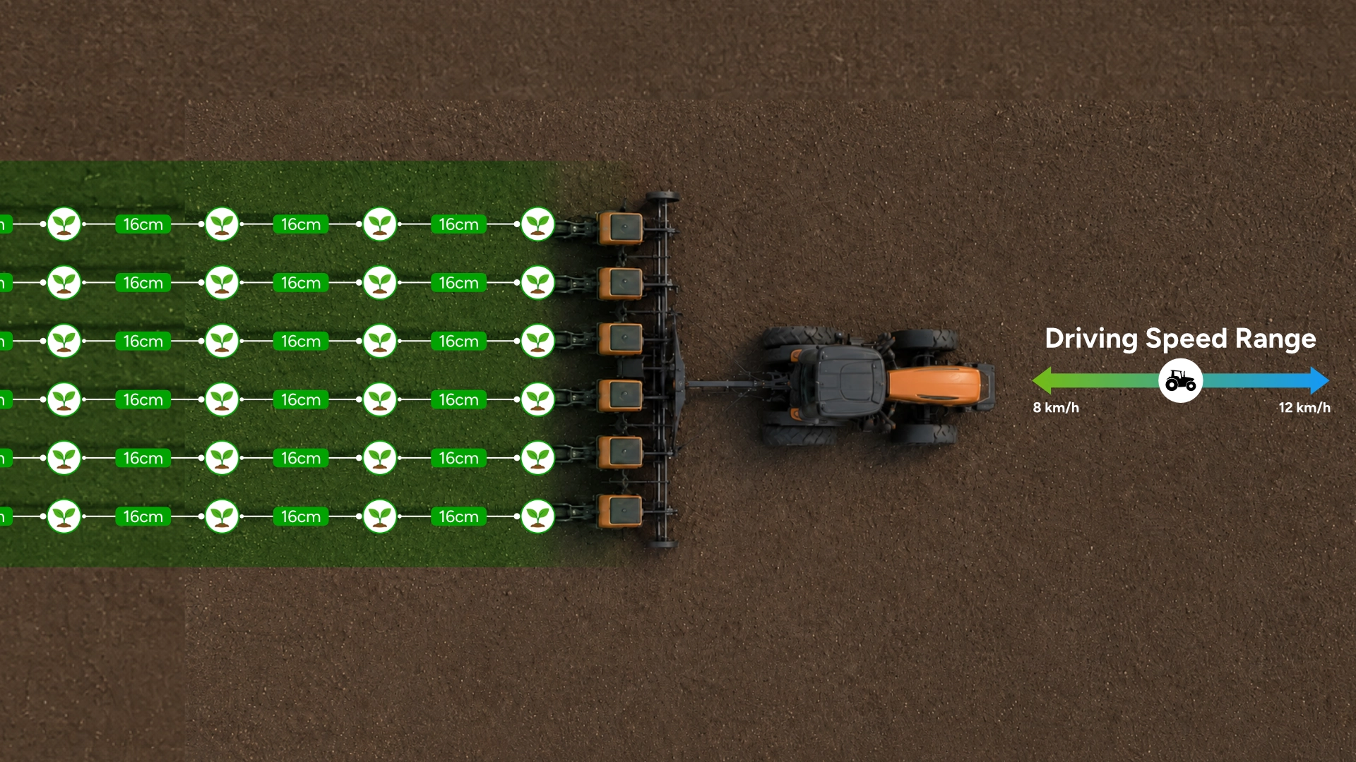 Diagram of consistent seed spacing at tractor speeds of 8–12 km/h